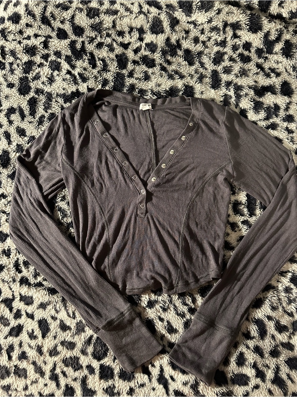 Garage Ribbed Henley Top in Charcoal Gray